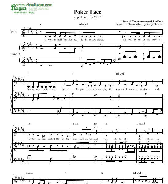 Glee 版 Poker face乐谱 钢琴伴奏谱
