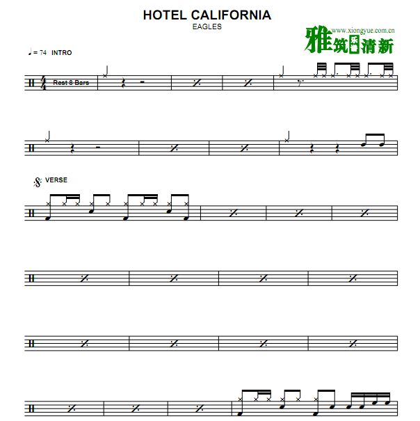 老鹰乐队 加州旅馆架子鼓谱 hotel california鼓谱