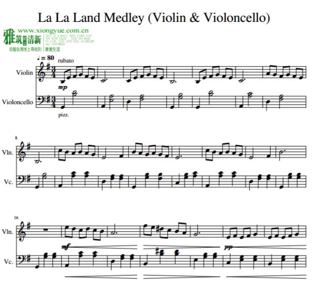 La La Land Medley爱乐之城串烧小提琴大提琴二重奏谱.