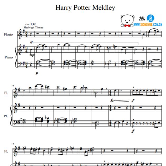 哈利·波特系列电影主题曲旋律串烧长笛钢琴合奏谱
