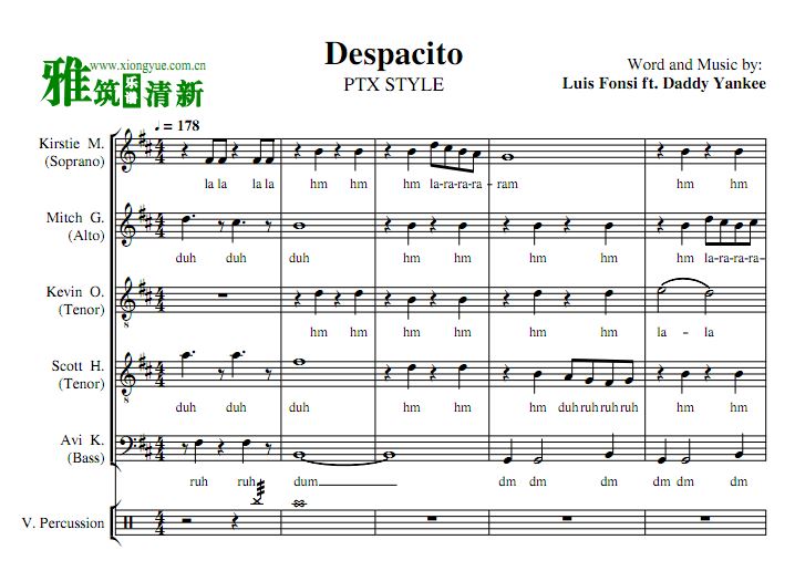 Despacito 阿卡贝拉合唱谱 SATTB合唱谱