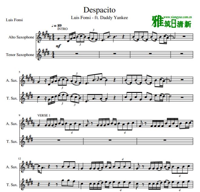 Despacito 萨克斯二重奏合奏总谱+分谱
