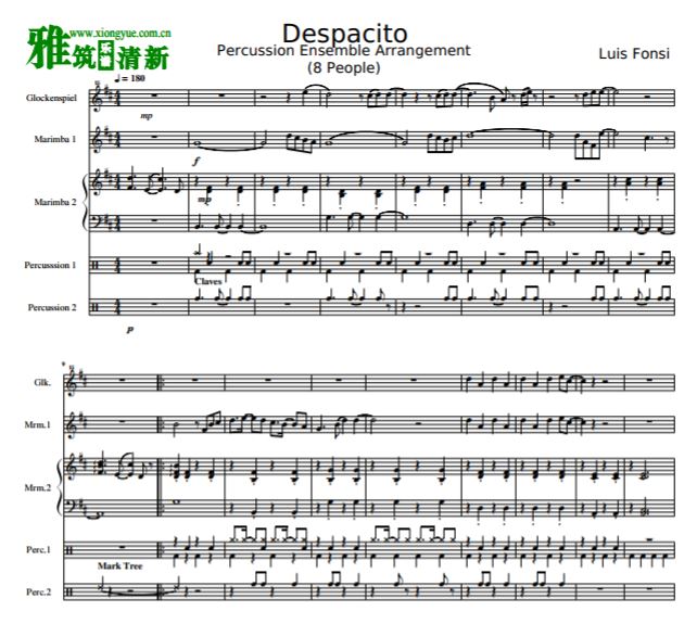 Despacito打击乐合奏谱 铁琴马林巴琴等合奏总谱+分谱