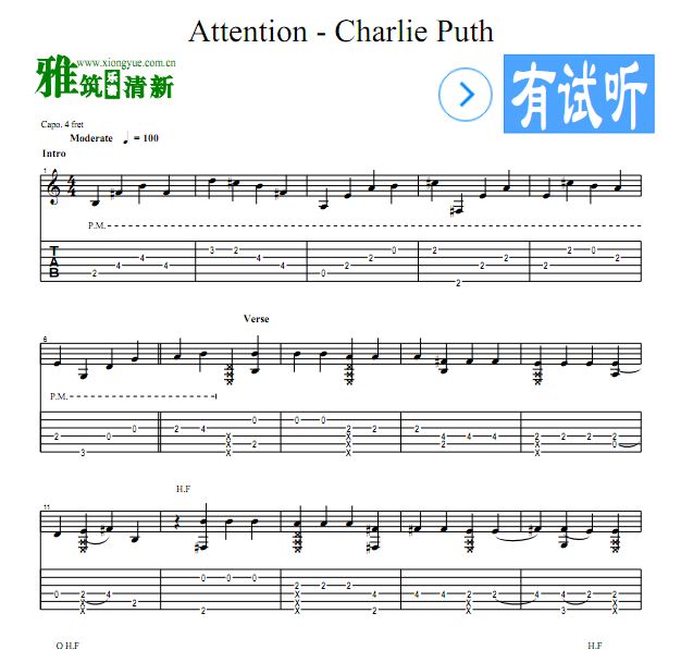 charlie puth - attention指弹吉他谱