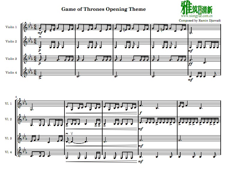 权力的游戏Game of Thrones 主题曲小提琴四重奏谱 