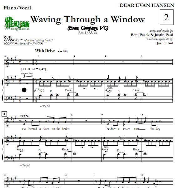 DEAR EVAN HANSEN - Waving Through A Window钢琴伴奏谱 男生版