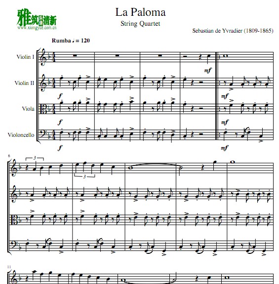 la paloma鸽子弦乐四重奏谱