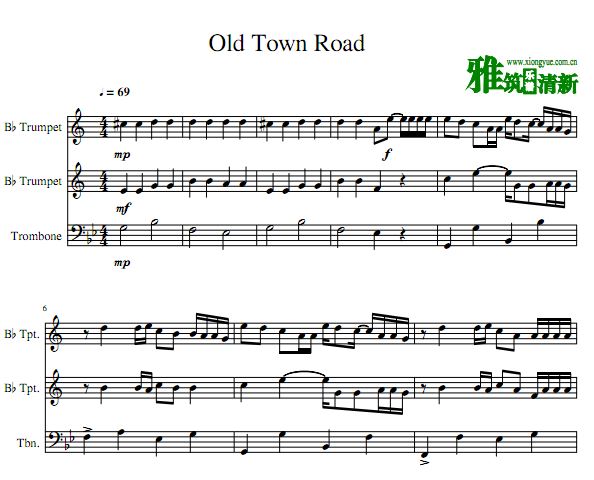 old town road 小号长号三重奏谱(共3页36小节)