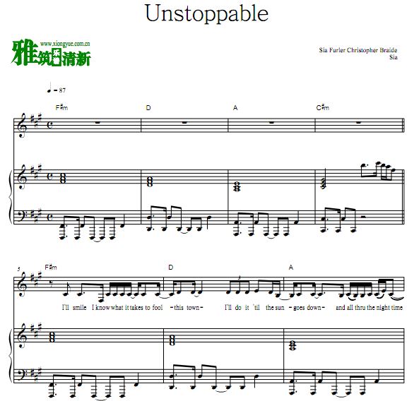 sia - unstoppable伴奏钢琴谱 正谱 歌谱