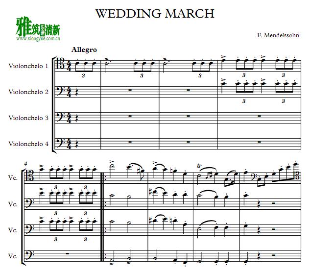 门德尔松 婚礼进行曲Wedding March大提琴四重奏谱 