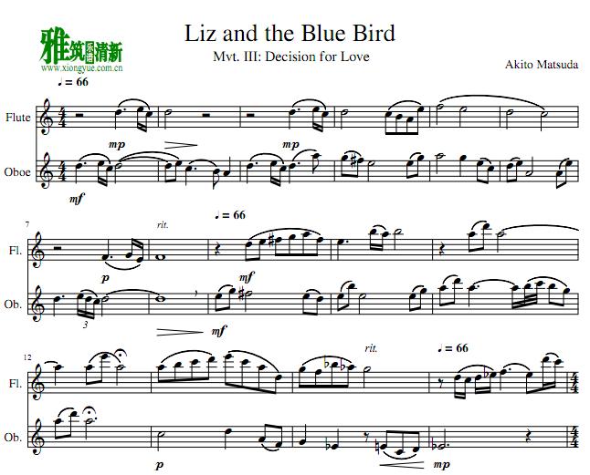 利兹与青鸟 Liz and the Blue Bird 第三乐章爱的决断 长笛双簧管重奏谱