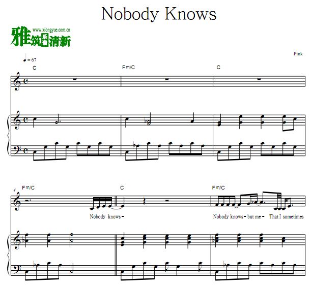 Pink - Nobody Knows歌谱 钢琴弹唱谱