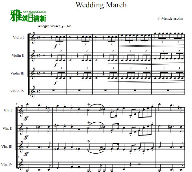 门德尔松  Wedding March 小提琴四重奏谱