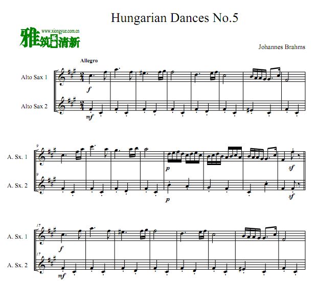 勃拉姆斯 匈牙利舞曲第五号萨克斯二重奏谱