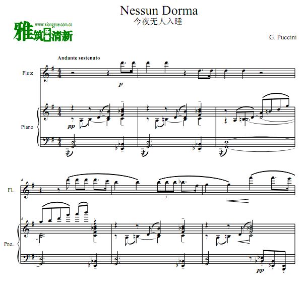 Nessun Dorma 今夜无人入睡长笛钢琴合奏谱 