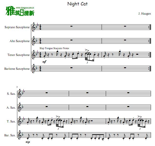 Night Cat 萨克斯四重奏 总谱+分谱