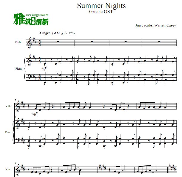 油脂 Grease - Summer Nights 小提琴谱 钢琴伴奏谱