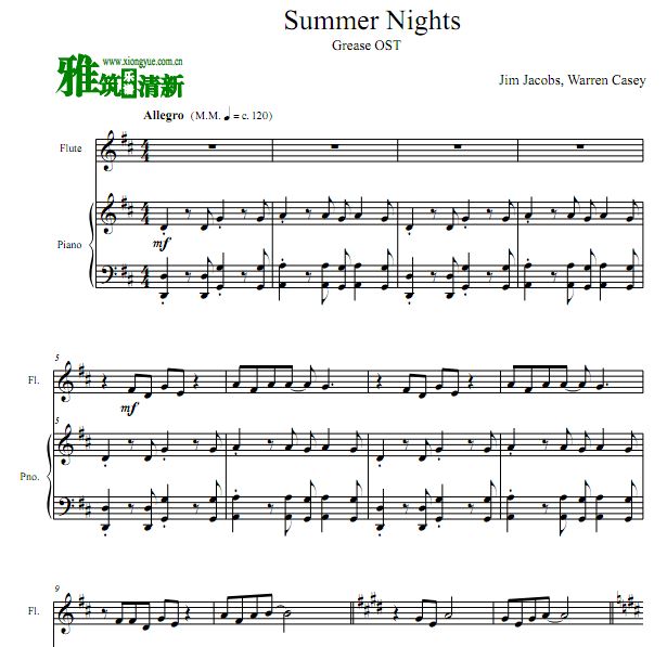 油脂 Grease  - Summer Nights 长笛谱 钢琴伴奏谱