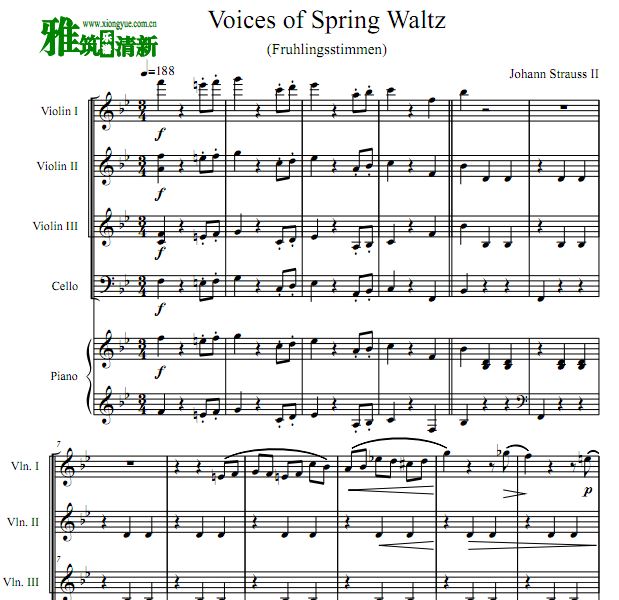 春之声圆舞曲小提琴大提琴钢琴五重奏谱