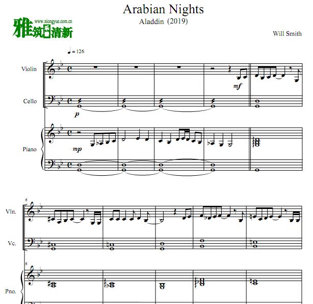 阿拉丁 Arabian Nights 小提琴大提琴钢琴三重奏谱