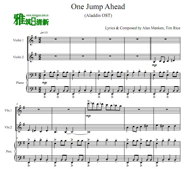 阿拉丁 One Jump Ahead小提琴钢琴三重奏谱