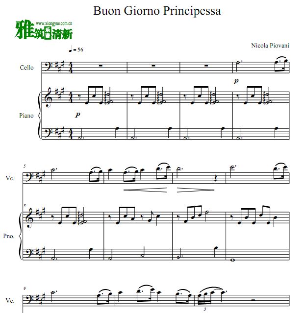 美丽人生 Buon Giorno Principessa大提琴谱 钢琴合奏谱