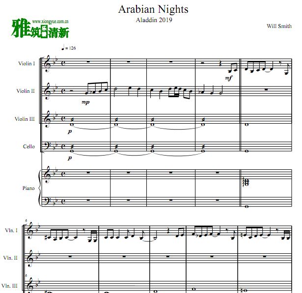 阿拉丁 Arabian Nights 三小提大提钢琴五重奏谱