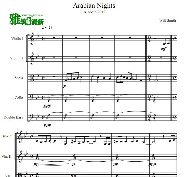 阿拉丁 Arabian Nights 小提琴中提琴大提琴低音提琴五重奏谱