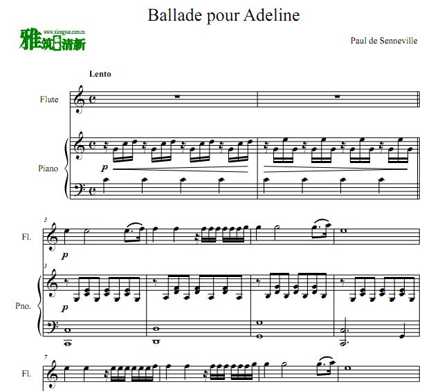 Ballade Pour Adeline 水边的阿狄丽娜长笛钢琴合奏谱