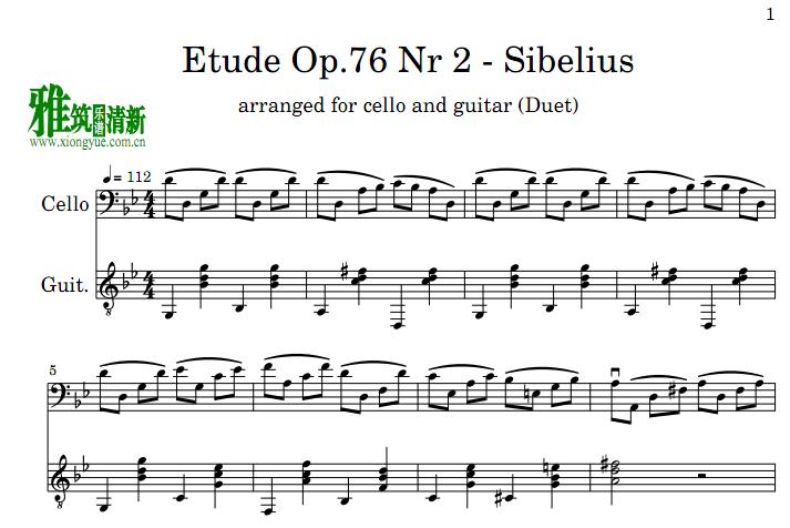 西贝柳斯 练习曲 Sibelius Etude Op.76 No.2 大提琴吉他二重奏谱