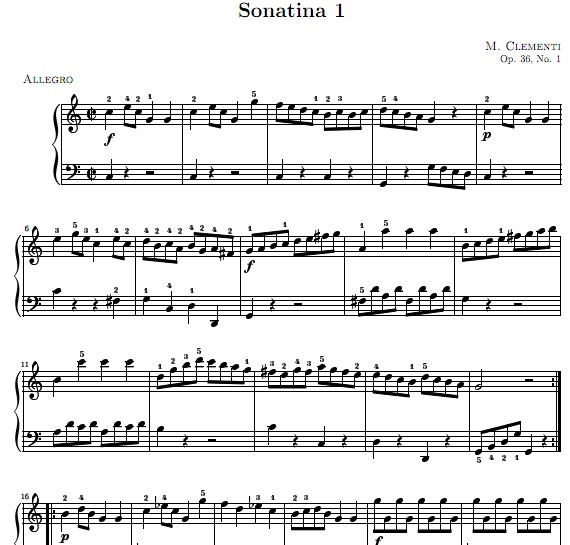 克莱门蒂C大调小奏鸣曲钢琴谱 带指法 op.36 no.1